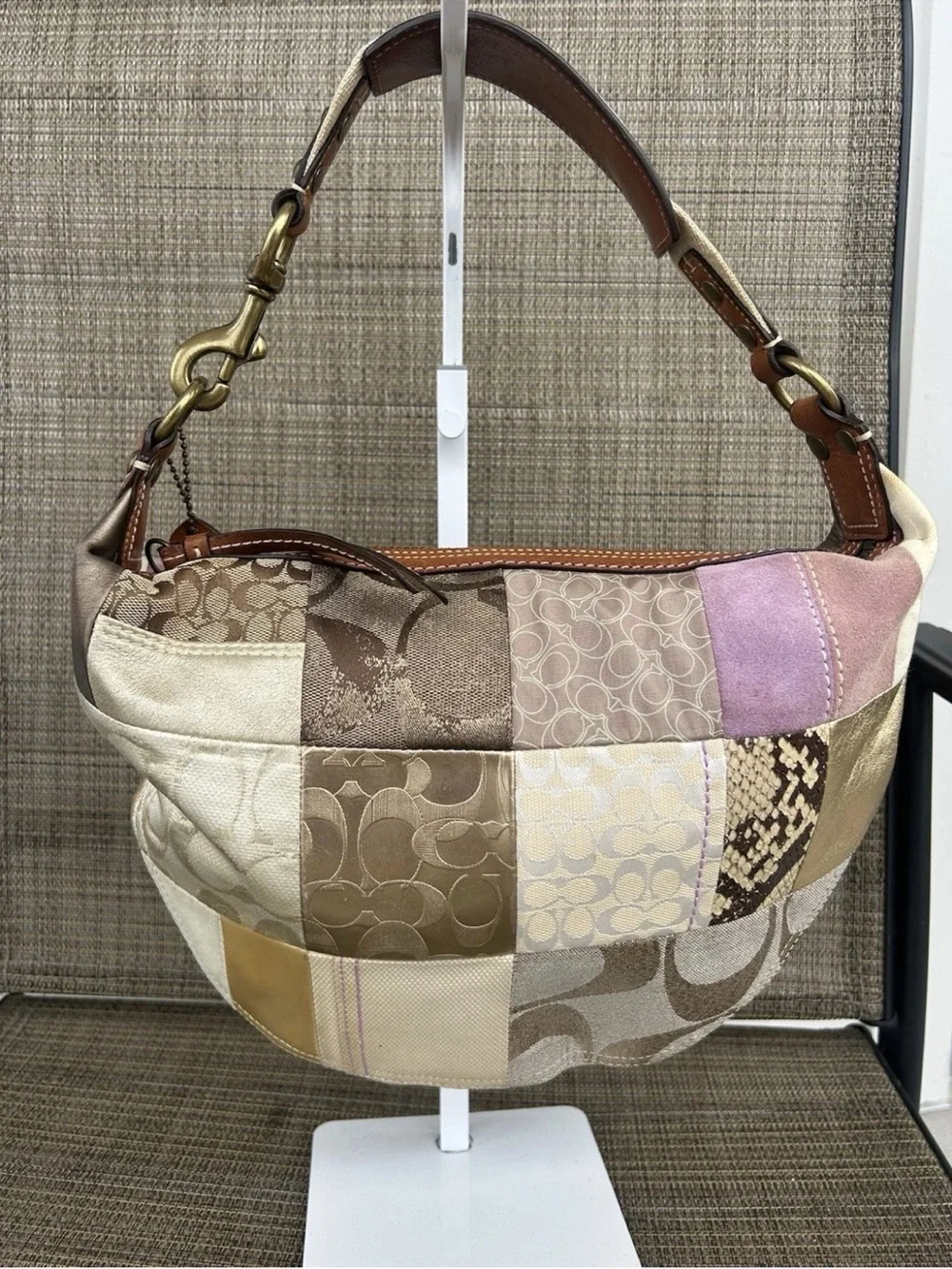 Rare Vintage Coach Y2K Patchwork Leather Trim Hobo Bag 10019 Brown Gold Pink